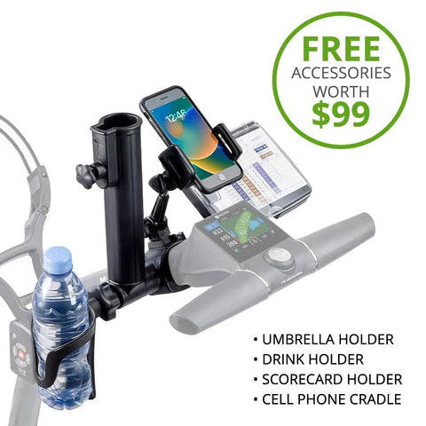 Electric Golf Remote Caddy With Smart Gps Navigation And Touchscreen featuring accessory holders and display for convenience.