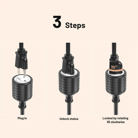 Three steps showing how to use Six Foot Indoor Outdoor Extension Cord With Flat Plug Locking 35 Degree Plug Three Prong Grounded