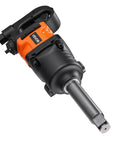 One Inch Pneumatic Impact Wrench Dishing Out 1800 Ft Lbs Of Raw Breakaway Torque With Six Inch Extended Anvil and featherweight frame.