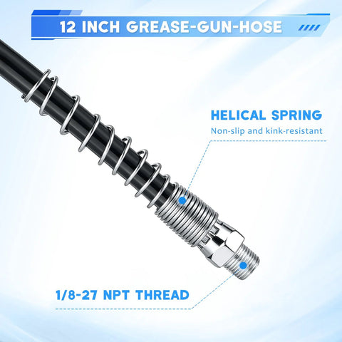 Grease gun hose with 90-degree coupler and chrome fittings, 12-inch length, 1/8-27 NPT thread.