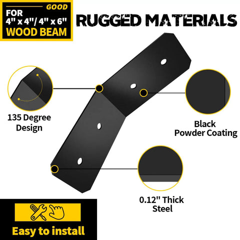 Image of a beefy four pack 45 degree inside angle bracket with black powder coating and 135 degree design, ideal for wood beams.