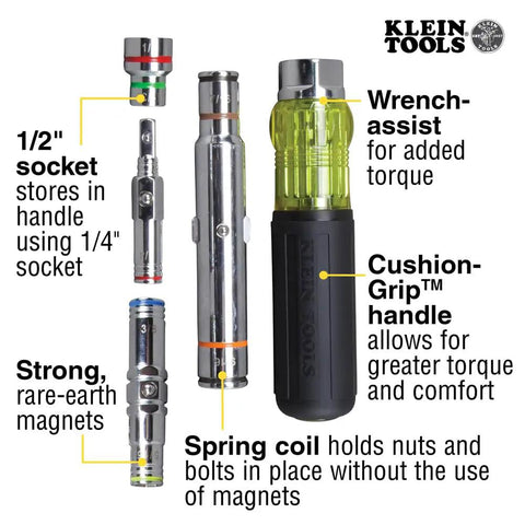 Magnetic 7 In 1 Nut Driver With Cushy Grip One Hand Drive Seven Sizes In One Tool SAE Hex Sizes One Quarter To Nine Sixteenths Inch