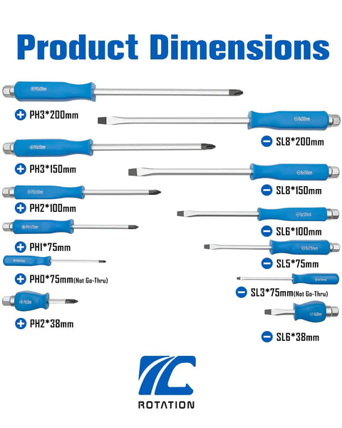 Dimensions of Magnetic Go-Thru 12-Piece Screwdriver Set With 6 Phillips And 6 Flat Head Bits shown with measurements.