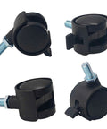 Four Pack One Inch Swivel Caster Wheels With M8 Threaded Stem Brakes, black nylon wheels with locking brake feature.
