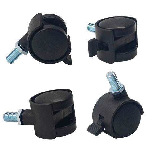 Four Pack One Inch Swivel Caster Wheels With M8 Threaded Stem Brakes, black nylon wheels with locking brake feature.