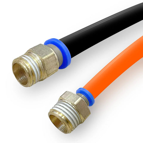 Close-up of two brass push-to-connect pneumatic fittings with 1/4 G thread on black and orange tubes; blue seals.