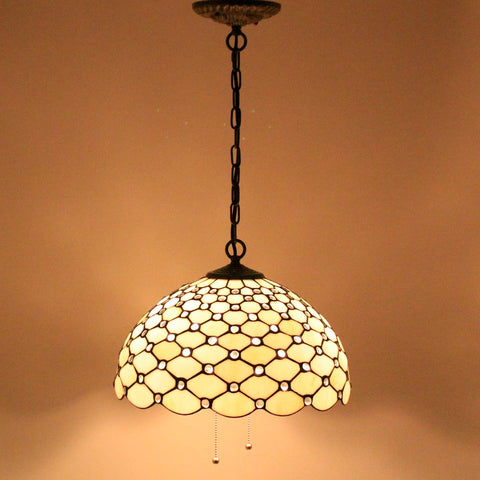 Tiffany Pendant Light Fixture Cream Amber Bead Stained Glass 16 Inch Wide Hanging Lamp With Antique Bronze Finish