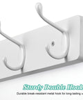 Close-up of sturdy double hooks on heavy duty wall mount coat rack with hooks in white for jackets hats sunglasses scarves leashes bags