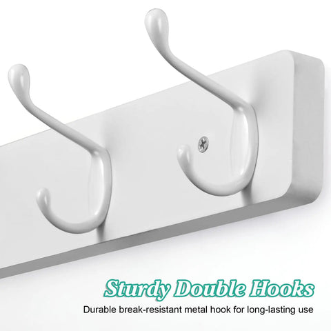 Close-up of sturdy double hooks on heavy duty wall mount coat rack with hooks in white for jackets hats sunglasses scarves leashes bags