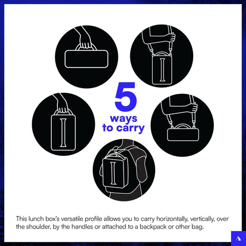 5 ways to carry Fridge Cold Expandable Insulated Lunch Box Keeps Your Grub Frosty All Day With Twin Ice Walls in black and silver.