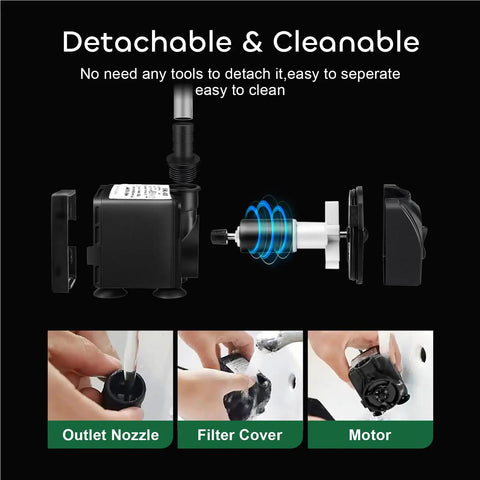 Ultra Quiet Submersible Pump 550GPH 30W With 7.2Ft Lift And 2000LPH Flow showing detachable components