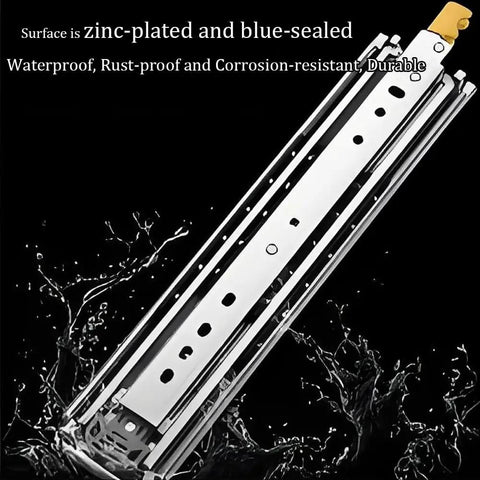 Close-up of zinc-plated Beefy 62 Inch Drawer Slides With Lock For Cabinets And Rvs, 500 lbs capacity, in black background