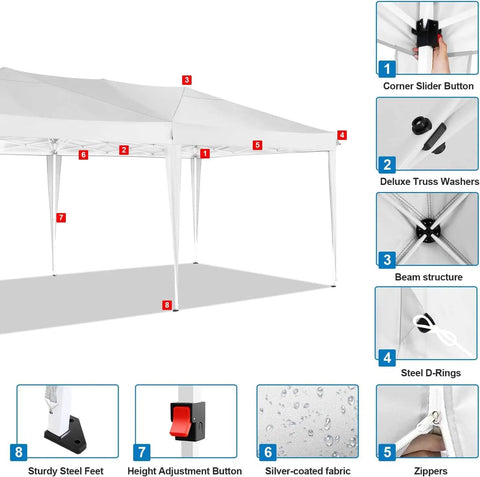 Diagram of 10x20 Foot Pop Up Canopy Tent Instant Shelter With 6 Sidewalls Durable Waterproof Portable Gazebo UPF 50 Plus