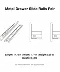 Diagram of Stainless Steel Drawer Slides Pair With Black Finish, length 17.72in, width 1.77in, durable metal rails for cabinets.