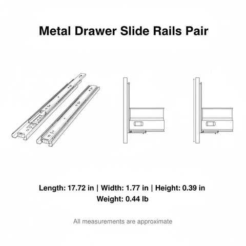 Diagram of Stainless Steel Drawer Slides Pair With Black Finish, length 17.72in, width 1.77in, durable metal rails for cabinets.