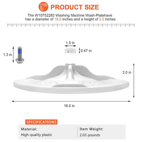 2026 Upgraded Washer Washplate With Center Cover Replacement for Front Load Washers Easy Install Durable Nylon Construction Includes Cap And Screw Replaces W10834890 W10609476 AP5956378 3452757 PS10064549, 16 in white plastic washplate with cap and screw