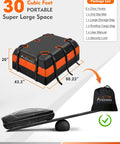 Rooftop Cargo Carrier Bag 30 Cubic Waterproof For All Vehicle Roofs with contents and dimensions shown
