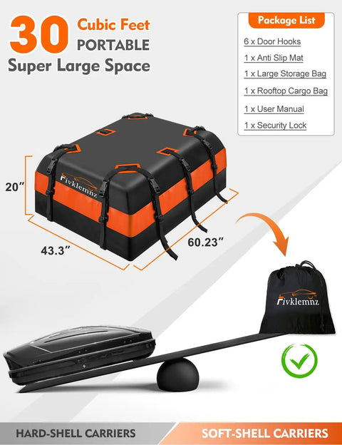 Rooftop Cargo Carrier Bag 30 Cubic Waterproof For All Vehicle Roofs with contents and dimensions shown