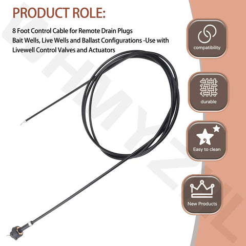 Remote Drain Plug Control Cable For Livewells And Baitwells, 8 Foot Marine Ballast System Cable To Open And Close From Console, Easy Reach And Durable Marine Grade Build.