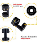 Black Tungsten Electrode Grinder Head Tool Set featuring adjustable settings for precise sharpening. Badass Aluminum Tungsten Electrode Sharpener Featuring Cut Off Slot Cruises Through TIG Welding Prep Sweet And Fast While Including Five Heavy Duty Grinding Discs For All Standard Rotary Tools.
