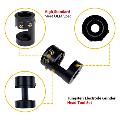 Black Tungsten Electrode Grinder Head Tool Set featuring adjustable settings for precise sharpening. Badass Aluminum Tungsten Electrode Sharpener Featuring Cut Off Slot Cruises Through TIG Welding Prep Sweet And Fast While Including Five Heavy Duty Grinding Discs For All Standard Rotary Tools.