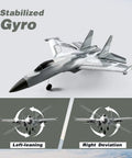 Grey RC plane with 6-axis gyro stabilization, demonstrating left-leaning and right deviation maneuvers.