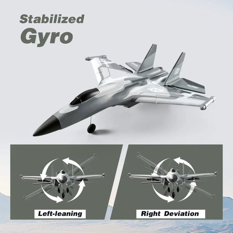 Grey RC plane with 6-axis gyro stabilization, demonstrating left-leaning and right deviation maneuvers.