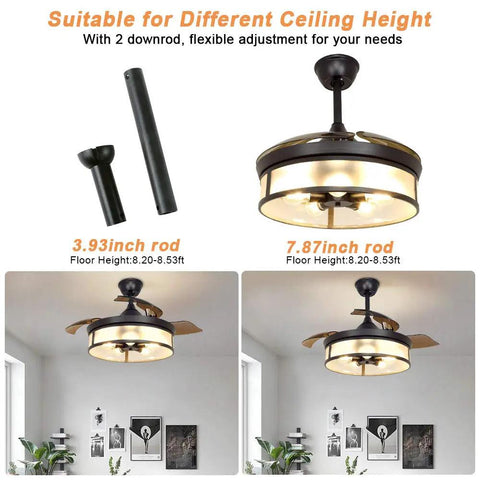 Industrial 42 Inch Ceiling Fan With Light And Retractable Blades, Vintage Acrylic Chandelier Style, shown with adjustable rods