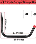 Dimensions of Heavy Duty Garage Storage Hooks 15 Inch Jumbo Arm Kayak Wall Hangers 100 Lb Capacity Steel Canoe Rack shown