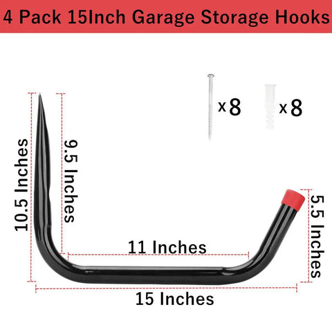 Dimensions of Heavy Duty Garage Storage Hooks 15 Inch Jumbo Arm Kayak Wall Hangers 100 Lb Capacity Steel Canoe Rack shown