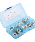Four Pronged T Nut Set 80 Pieces M6 M8 Zinc Plated Carbon Steel Tee Nuts in a blue plastic case for woodworking projects