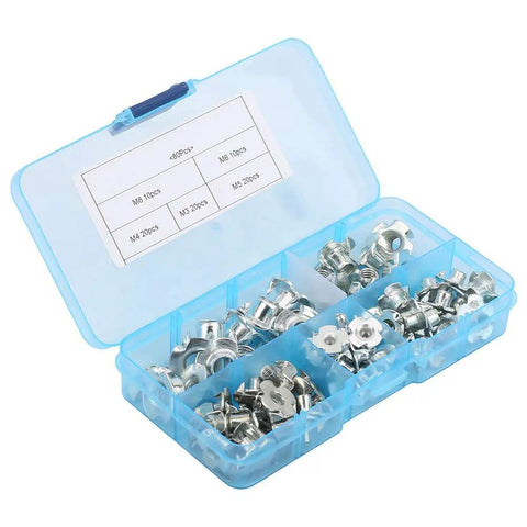 Four Pronged T Nut Set 80 Pieces M6 M8 Zinc Plated Carbon Steel Tee Nuts in a blue plastic case for woodworking projects