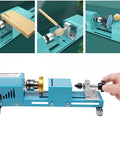 Slick Compact Mini Wood Lathe Machine With Multi Purpose Turning And Milling Kit For Polishing Grinding And Cutting 24V DC 96 Watt 7 Speeds Right Out The Box Ready showing different functions and tool setup.