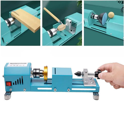 Slick Compact Mini Wood Lathe Machine With Multi Purpose Turning And Milling Kit For Polishing Grinding And Cutting 24V DC 96 Watt 7 Speeds Right Out The Box Ready showing different functions and tool setup.