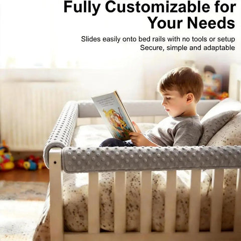 Toddler reads on bed with Toddlers Bed Rail Protector Easy Install Safe Guardrail Padding Cushioned Barrier Anti Collision Design