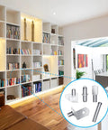 Mega Pack 150Pcs Shelf Pegs Set shown with 5 metal styles for wood cabinets and bookshelves in living room setup