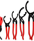Beefed Up Adjustable Oil Filter Pliers Set with 10, 12, 14, and 16 inch pliers, universal removal tool, small oil funnel included.