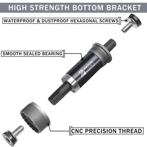 Beefy Square Taper Bottom Bracket With BSA Threads, Sealed Bearings, Wide Size Range For Mountain MTB Fat And Ebike, exploded view