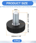 Heavy Duty M10 Thread Adjustable Furniture Leveling Feet 4 Pack Screw On Table Stabilizers For Chair And Stool Legs Black Base Glides measuring 20mm x 30mm.