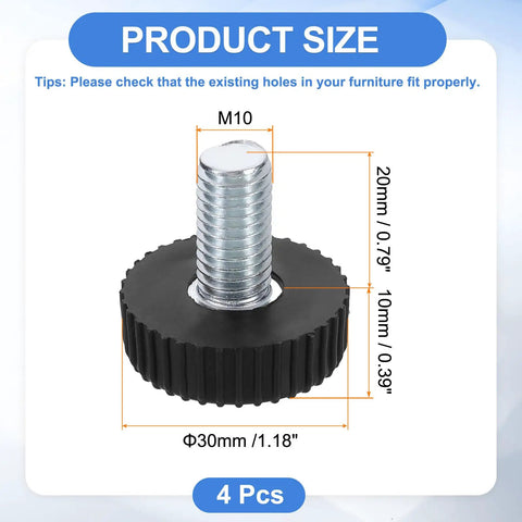 Heavy Duty M10 Thread Adjustable Furniture Leveling Feet 4 Pack Screw On Table Stabilizers For Chair And Stool Legs Black Base Glides measuring 20mm x 30mm.