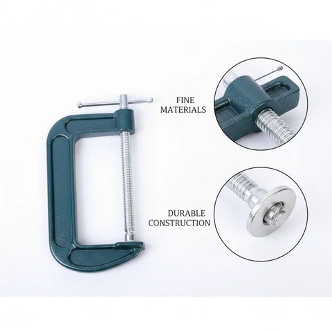 Heavy Duty Green Ductile Iron C Clamp For Secure Workholding And Tight Gluing Tasks With Smooth Screw Mechanism, detailed view.