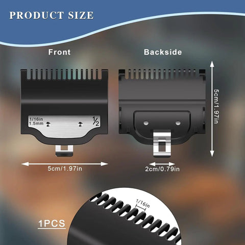 Front and backside view of a clipper guard from the Universal Clipper Guard Kit For Trimmers, 1/16 inch size, 5cm height.