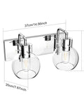 Chrome Vintage Two Light Vanity Fixture With Clear Glass Globe Shades, Modern Stainless Steel Industrial Wall Mount Sconce For Bathroom shown with dimensions.