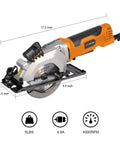 Extbtfor corded power circular saw with laser guide, orange body, side view; includes 3 blades of 4-1/2 inch
