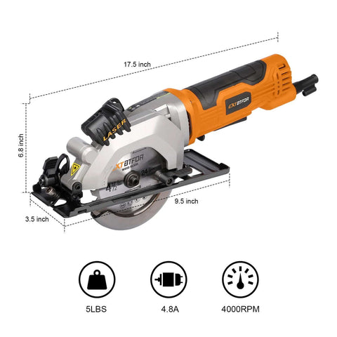 Extbtfor corded power circular saw with laser guide, orange body, side view; includes 3 blades of 4-1/2 inch