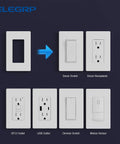 Matte White 1 Gang Screwless Wall Plate Cover For Decorator Receptacle And Switch, Built Tough Thermoplastic, UL Listed, Standard Size, Invisible Screws, 10 Pack shown with decor switches and receptacles