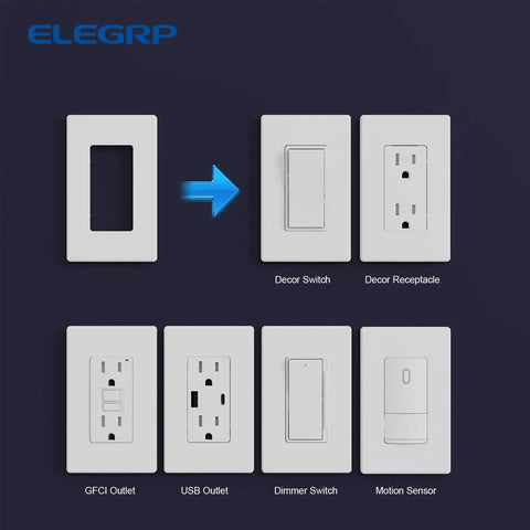 Matte White 1 Gang Screwless Wall Plate Cover For Decorator Receptacle And Switch, Built Tough Thermoplastic, UL Listed, Standard Size, Invisible Screws, 10 Pack shown with decor switches and receptacles