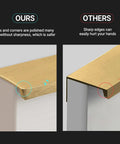 Comparison of brushed gold aluminum alloy concealed drawer pulls with polished edges versus sharp-edged alternatives, highlighting safety features.