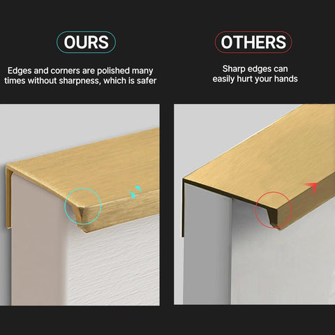 Comparison of brushed gold aluminum alloy concealed drawer pulls with polished edges versus sharp-edged alternatives, highlighting safety features.
