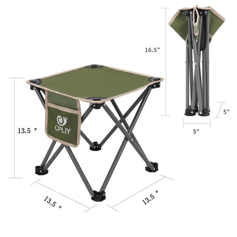 Ultralight Portable Folding Camping Stool With Carry Bag, Green, showing dimensions and steel frame for outdoor use.